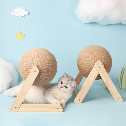 Sisal Rope Cat Scratching Ball on Wood Stand - Interactive Pet Furniture and Climbing Toy