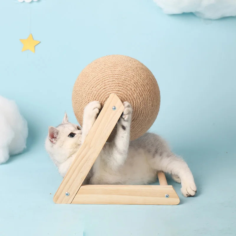 Sisal Rope Cat Scratching Ball on Wood Stand - Interactive Pet Furniture and Climbing Toy