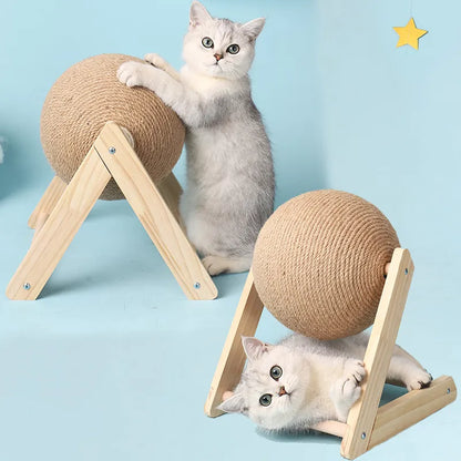 Sisal Rope Cat Scratching Ball on Wood Stand - Interactive Pet Furniture and Climbing Toy