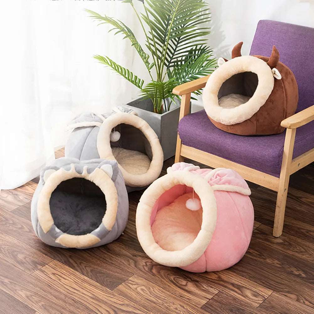 Round Cat Bed House Kennel Nest - Cozy Sleeping Cave with Removable Double-Sided Washable Pad