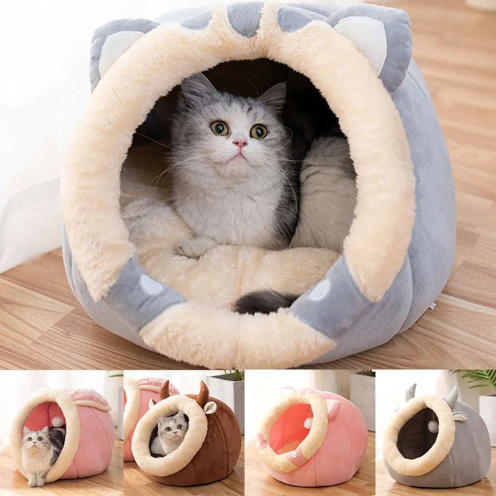 Round Cat Bed House Kennel Nest - Cozy Sleeping Cave with Removable Double-Sided Washable Pad