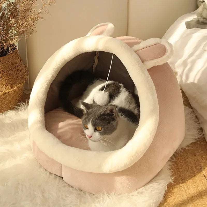 Round Cat Bed House Kennel Nest - Cozy Sleeping Cave with Removable Double-Sided Washable Pad